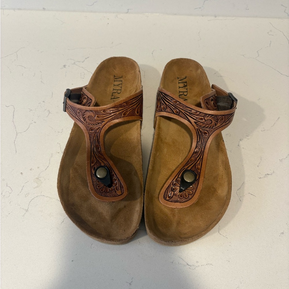 Myra Brown Leather Floral-Tooled Thong Sandals